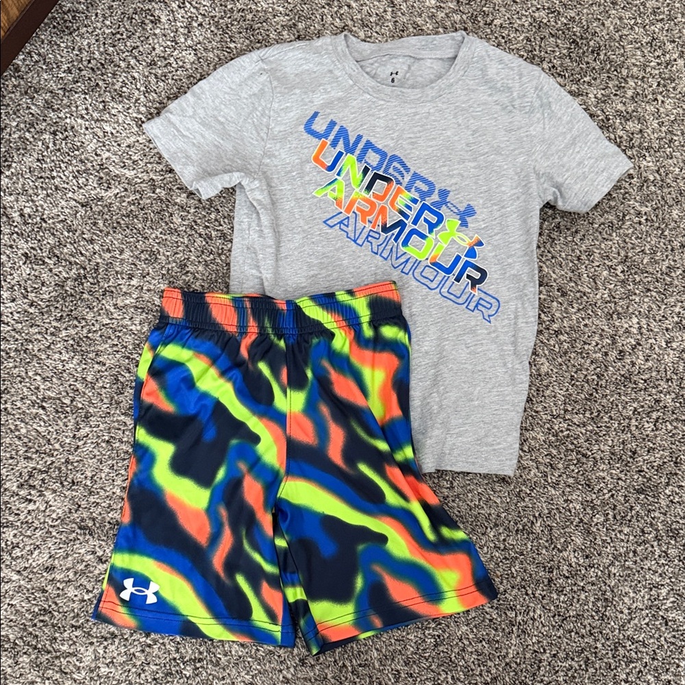 Under Armour Gray Tee with Neon Blue Lime Orange Camo Shorts